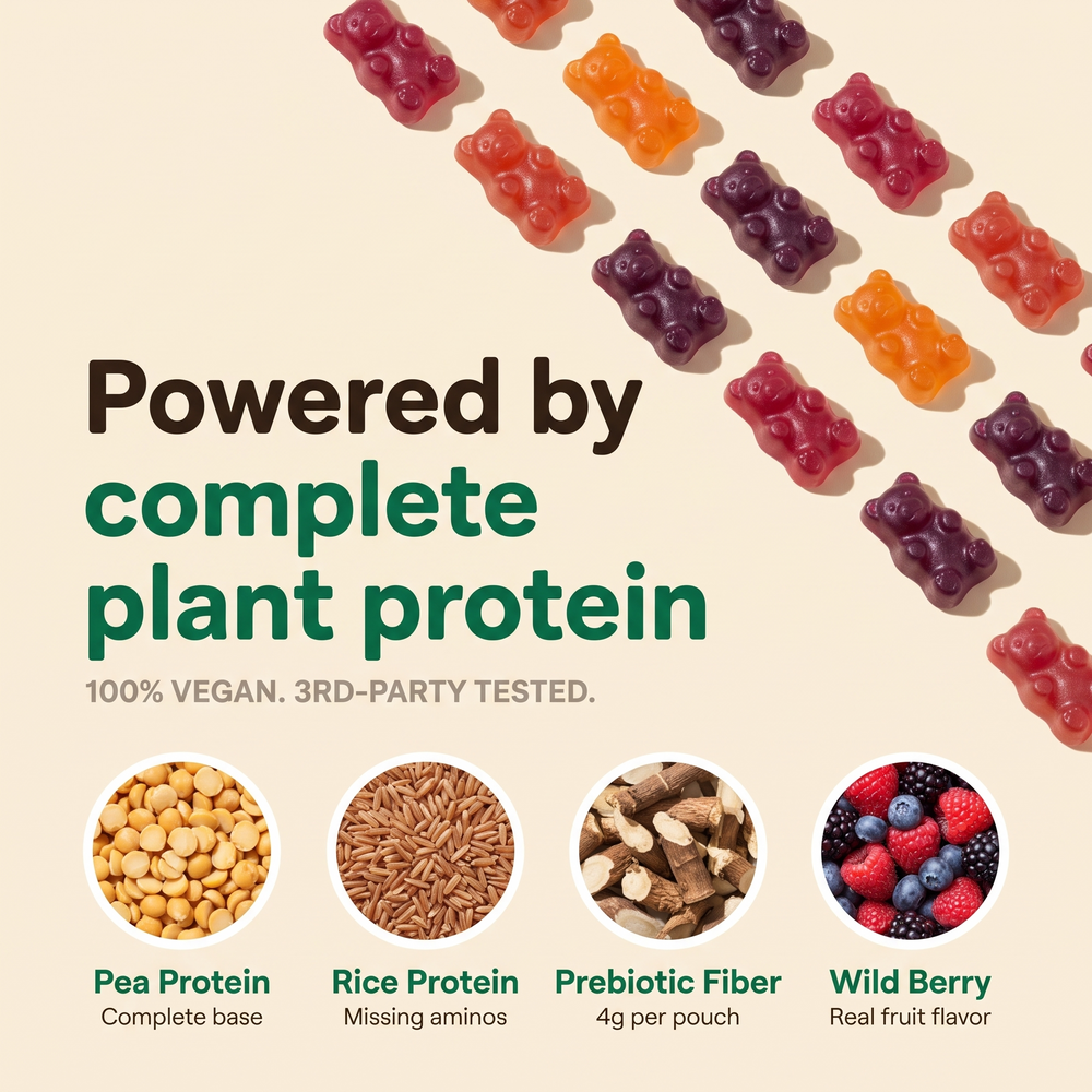 Bearly — powered by complete plant protein. Pea protein, rice protein, prebiotic fiber, wild berry.