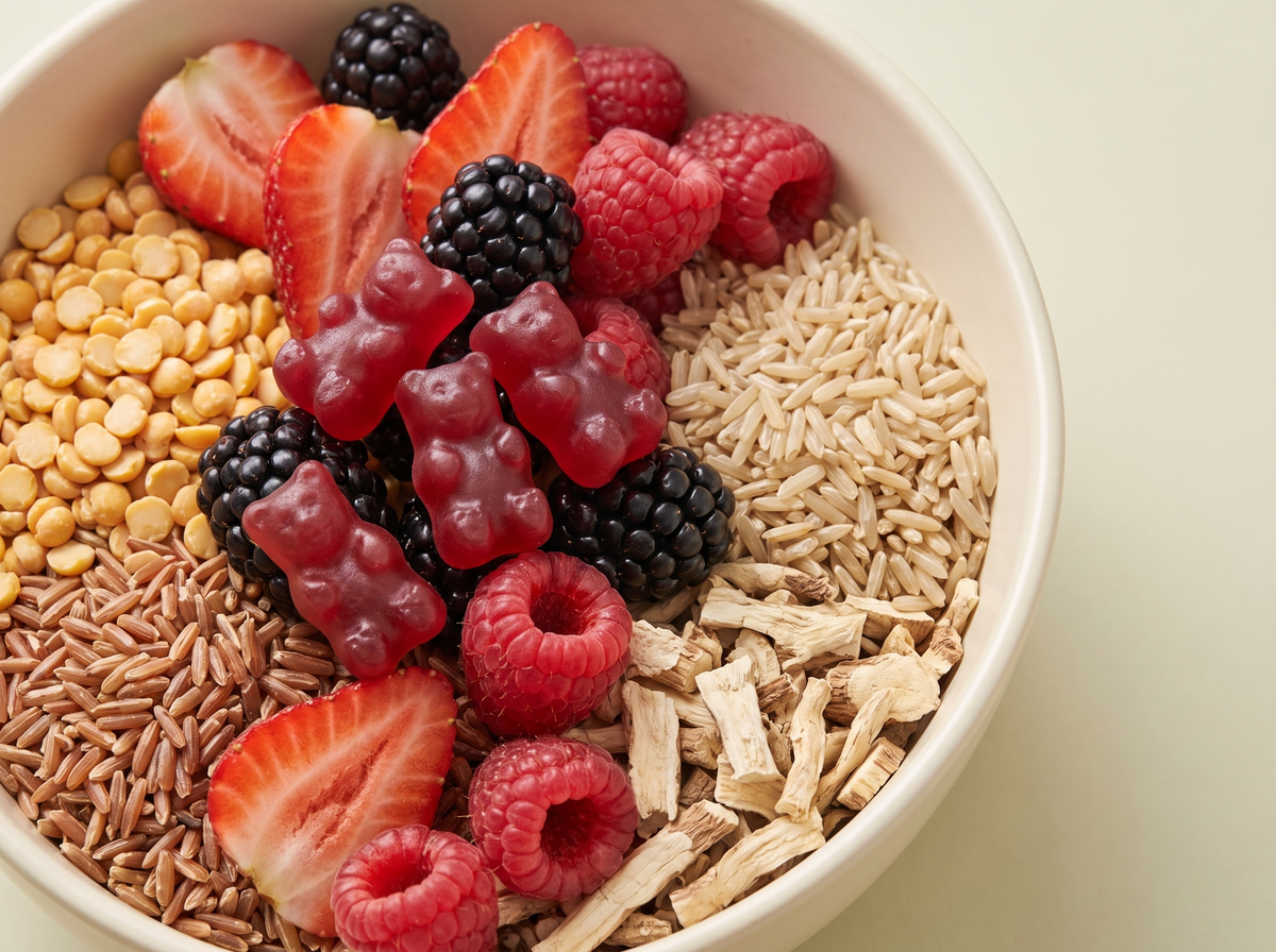 Bowl of split peas, brown rice, chicory root and fresh berries topped with red gummy bears.