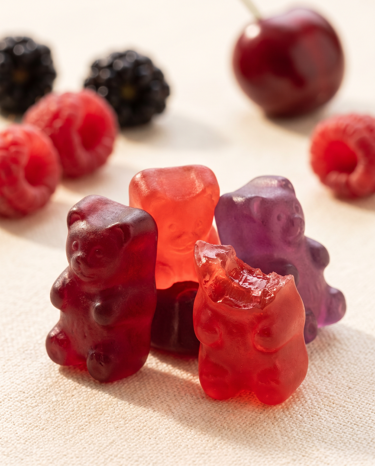 Macro close-up of translucent red and purple Bearly protein gummy bears, one with a bite taken out.