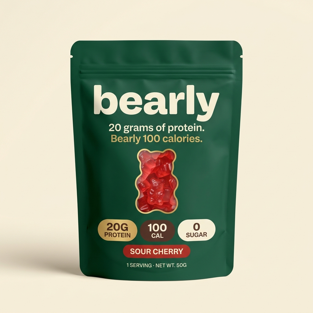 Bearly Sour Cherry — deep green pouch with bear-shaped window, 20g protein, 100 cal, 0 sugar