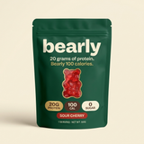 Bearly Sour Cherry — deep green pouch with bear-shaped window, 20g protein, 100 cal, 0 sugar
