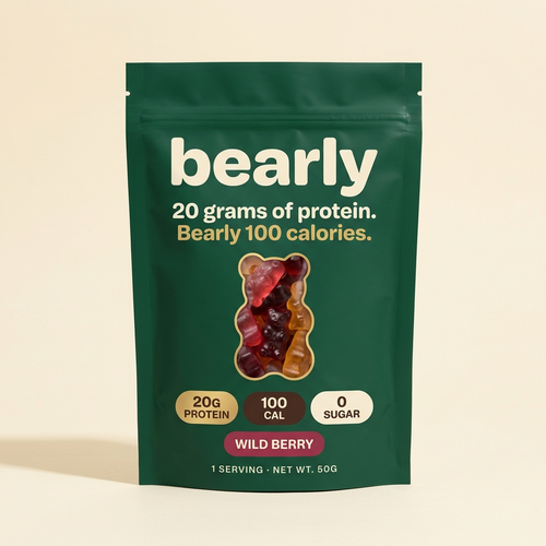 Bearly Wild Berry — deep green pouch with bear-shaped window, 20g protein, 100 cal, 0 sugar