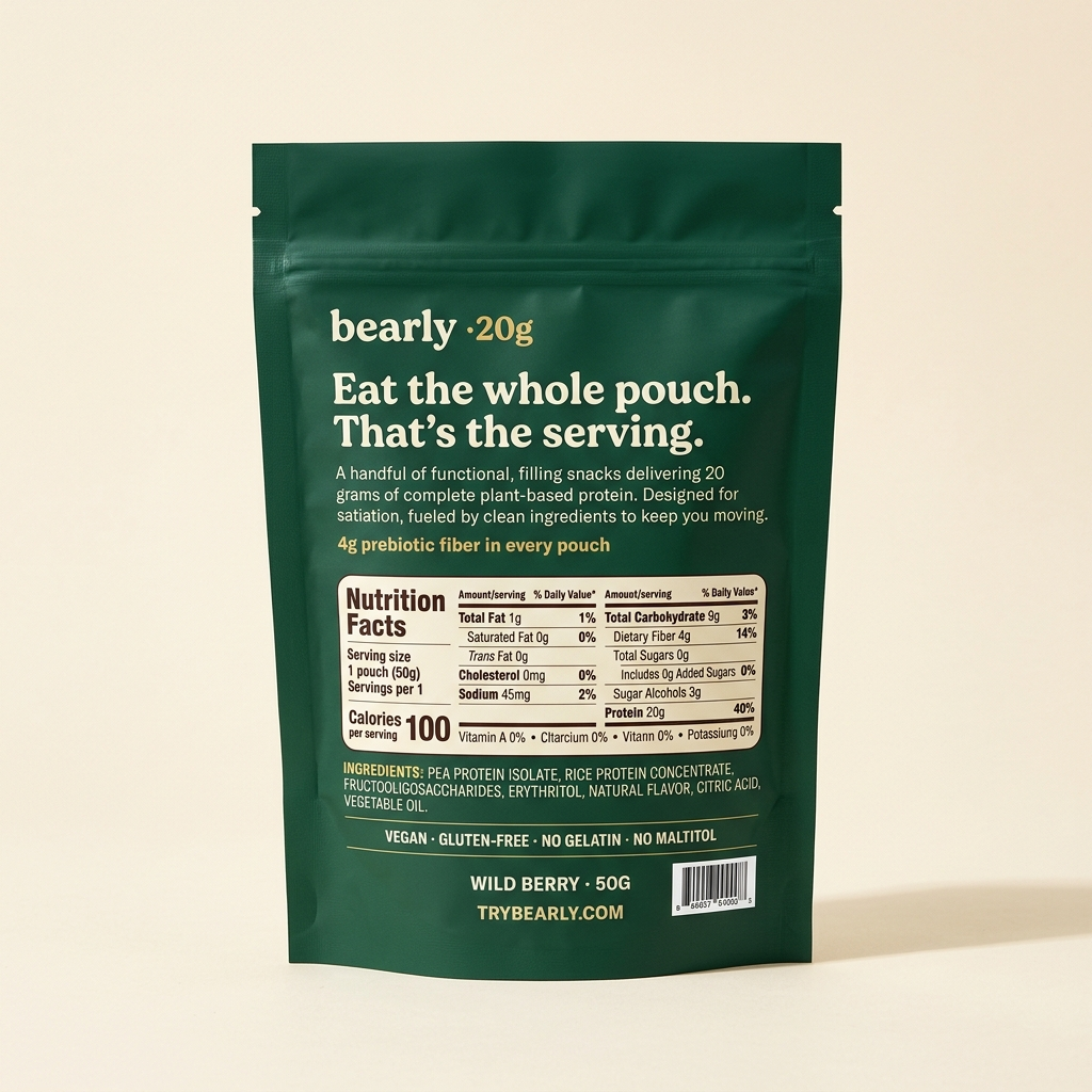 Back of pouch — Eat the whole pouch, that's the serving. Vegan ingredients, 4g prebiotic fiber