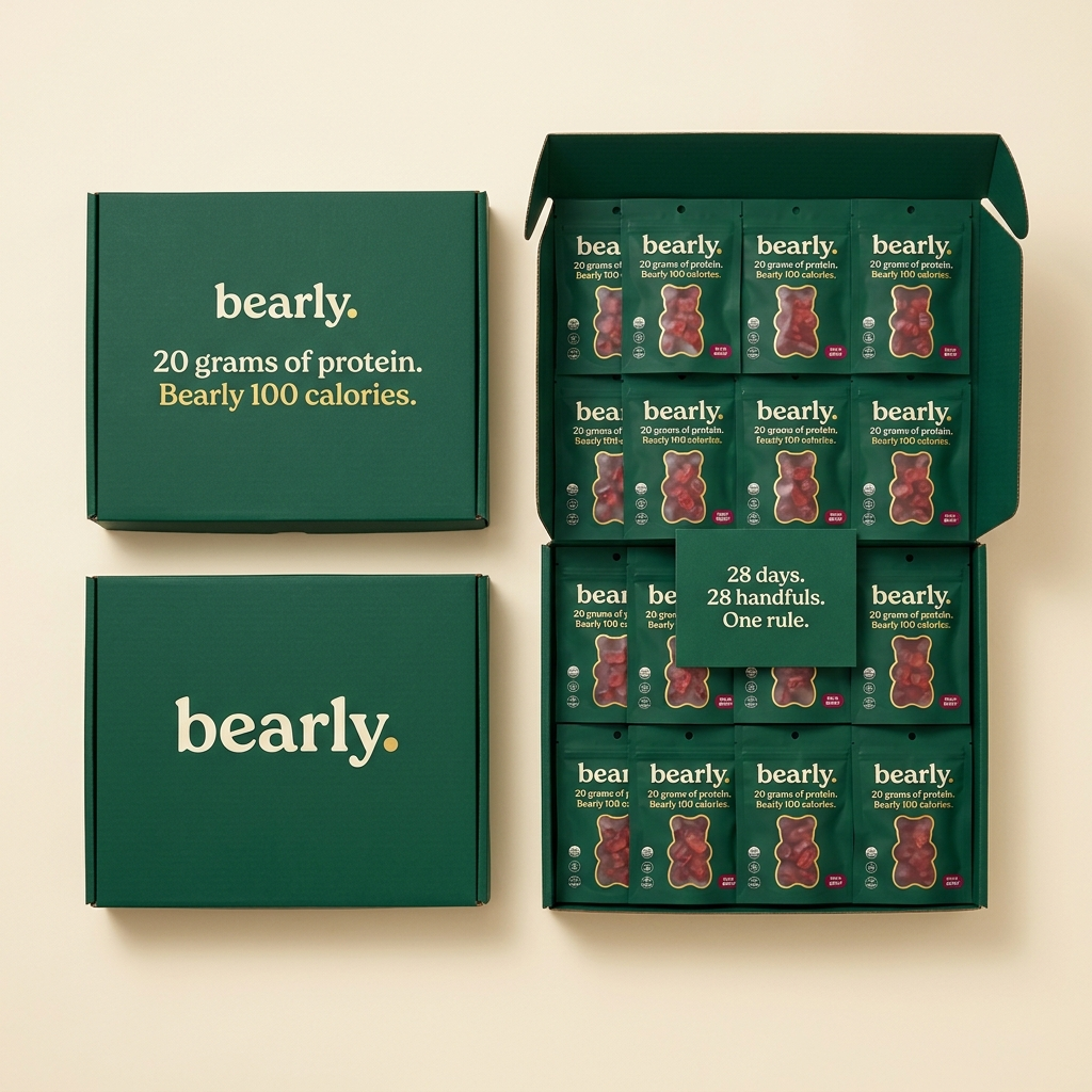 The Bearly 28-day box top-down — 28 pouches in two tight layers, 28 days 28 handfuls one rule