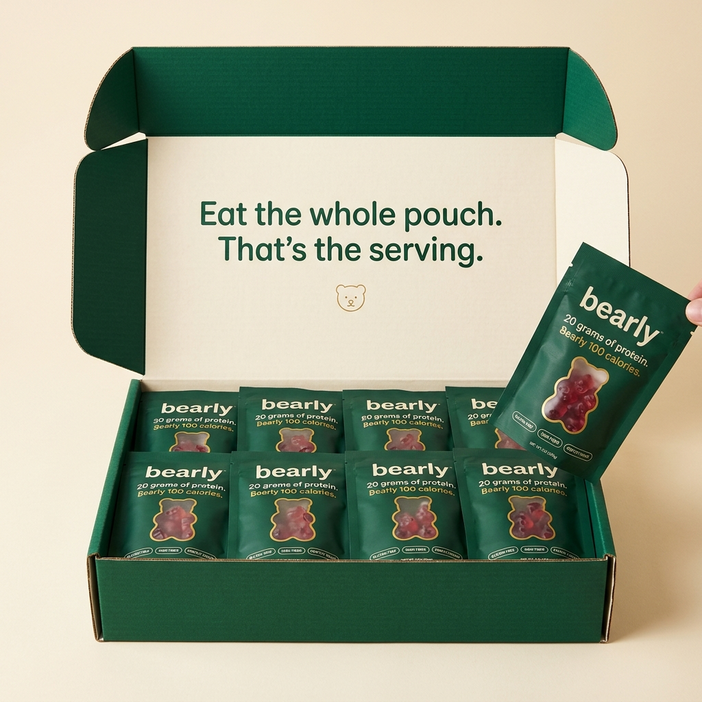 The Bearly 28-day box opened — pouches packed tight, Eat the whole pouch printed inside the lid